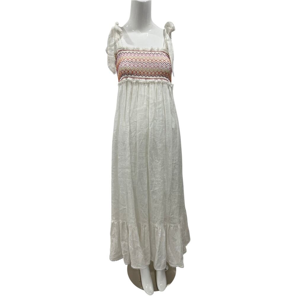 Zimmermann Linen Goldie Rainbow Smocked Tie Maxi Dress White Women's Size 0